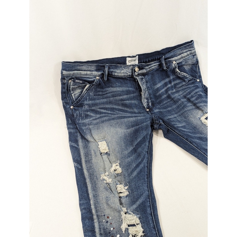MacKeen Blue Jeans Pain Splatter Distressed Skinny Stretch‎ SZ 42x32 Zip Ankle - Picture 2 of 9